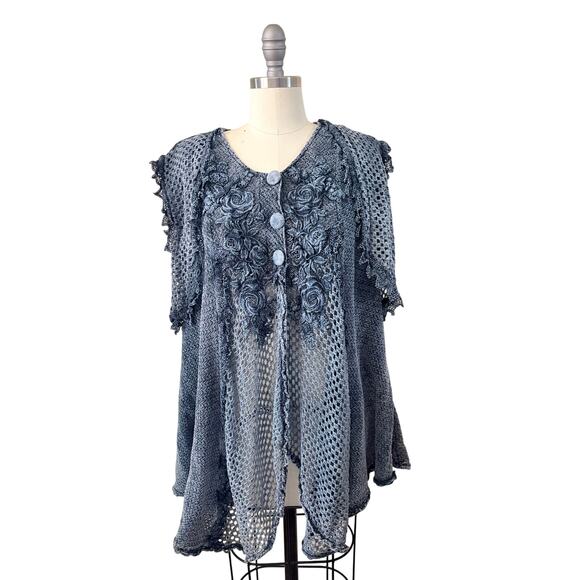 80s VTG Chorisia Italy Crochet Knit Boho Tunic Vest Gray Floral Lace M/L - Picture 1 of 7